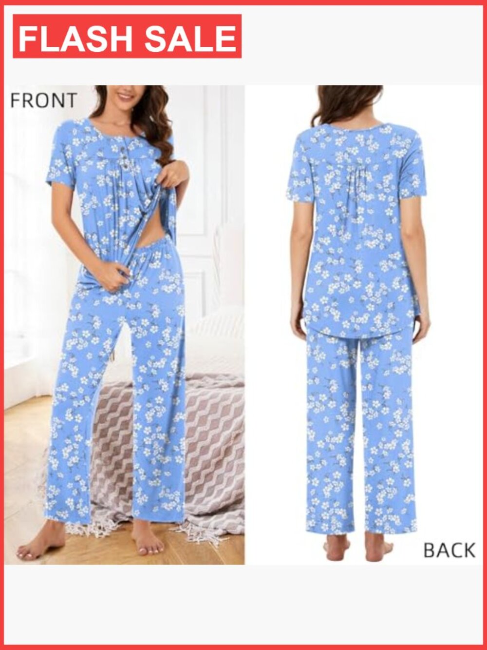 Women's 2-Piece Pajama Set Short Sleeve Lounge Outfit with Pockets - Picture 5 of 7